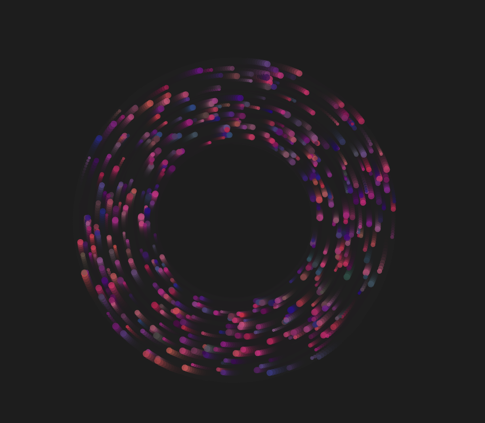 Little particles that are random shades of red, blue, and purple that go in a cirlce and spread further apart when they detect the audio that is being played