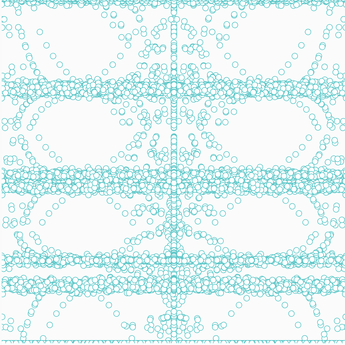 I aimed to see what gravity would make with a bunch of cannonballs that would reflect off the walls of a canvas. Gravity decided to make this interesting array which I found very nice to look at, especially whilst watching it build itself. As a png however, it just looks crazy. The main idea originally was to randomize the angles that the balls would go in, but then from experimenting I found these structured patterns nice enough.