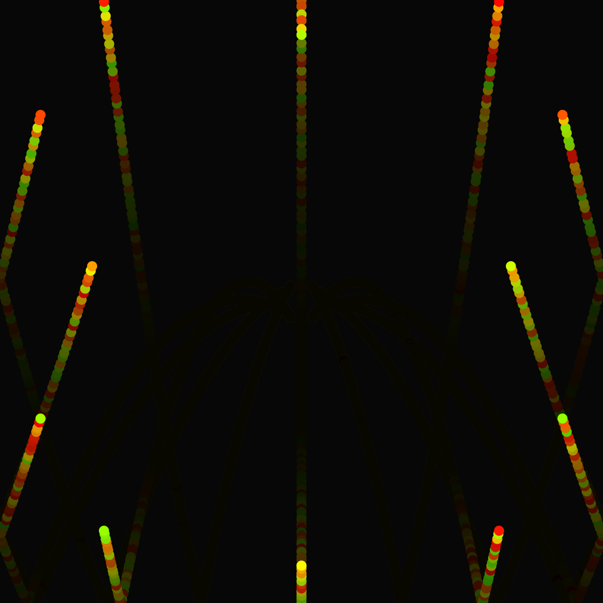 I made a figure with 12 balls that appear in the scenter spread out in a firework pattern then fall down, then they bounce off the floor, ceiling and walls. When they hit the ceiling/floor their gravity reverses, and when they hit the walls their horizontal velocity reverses. I chose the orange/yellow/green color scheme because I thought it looked best when the balls are moving really quickly.